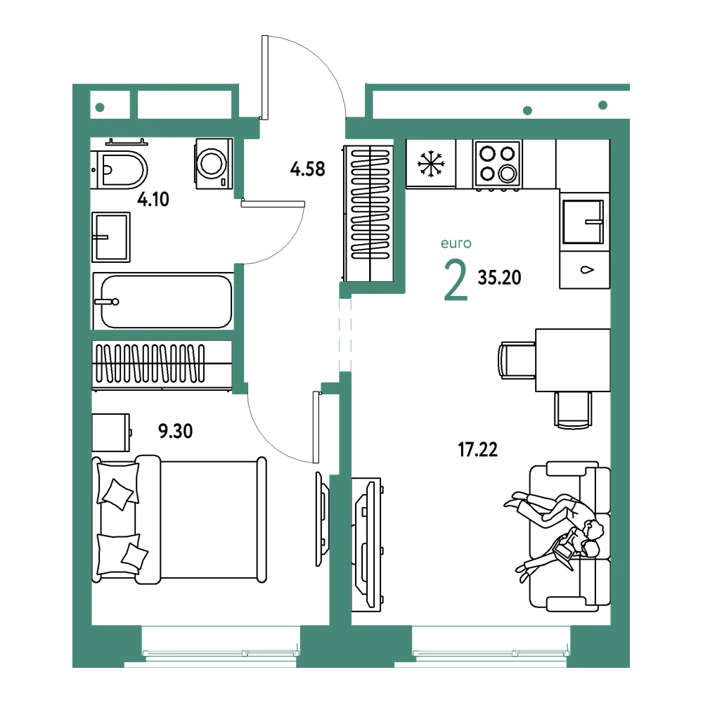 Планировка: Евродвушка 35,2 м²