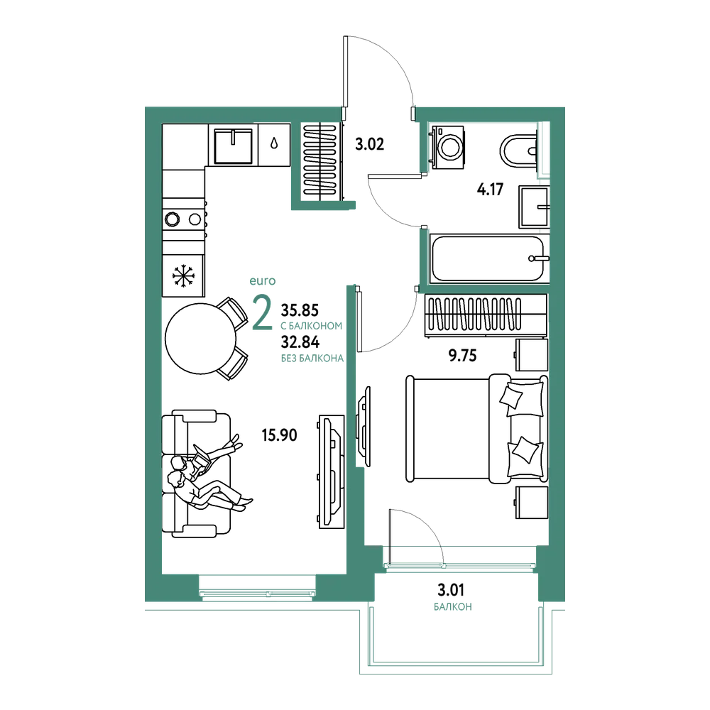 Планировка: Евродвушка 35,78 м²