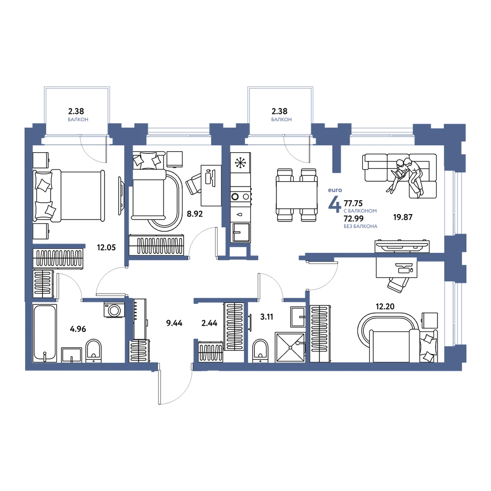 Планировка: Евро-4 77,75 м²