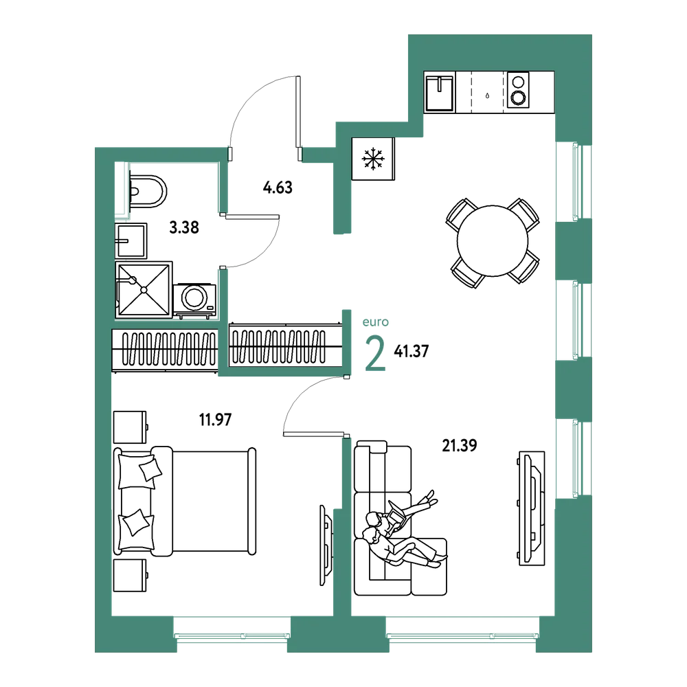 Планировка: Евродвушка 41,37 м²