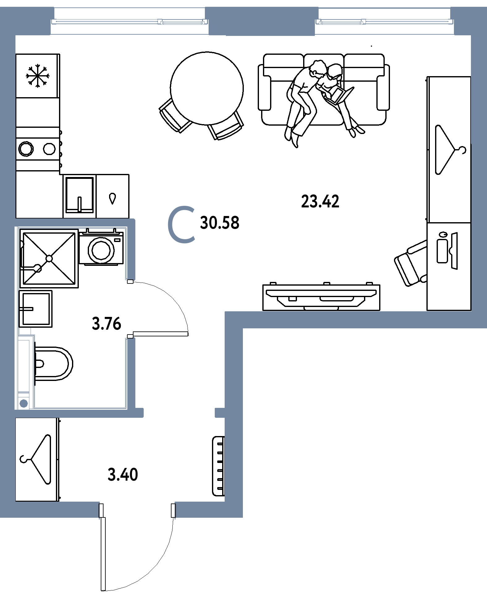 Планировка: Студия 30,58 м² в ЖК «Страна.Прибрежная»