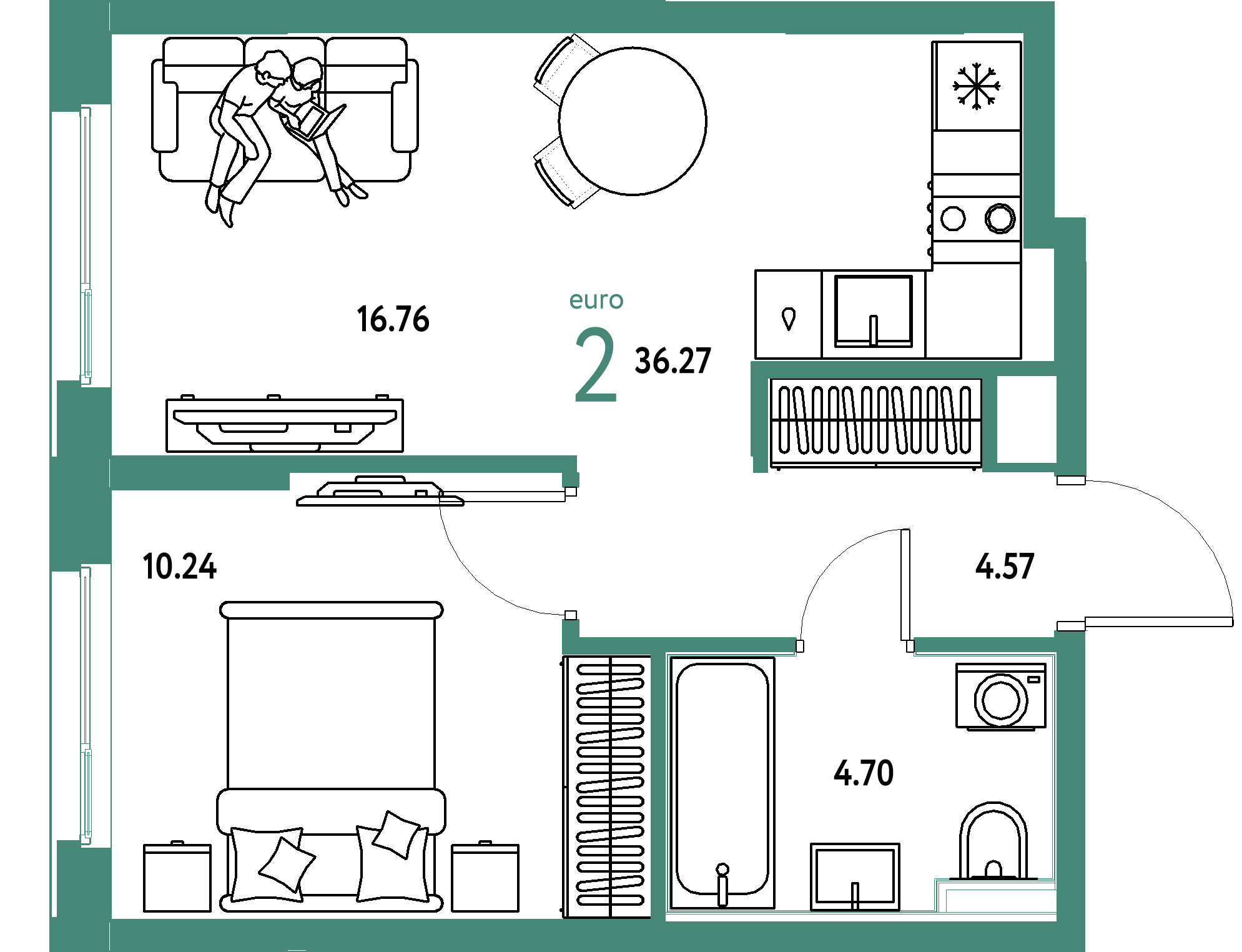 Планировка: Евродвушка 36,27 м² в ЖК «Сердце Сибири»