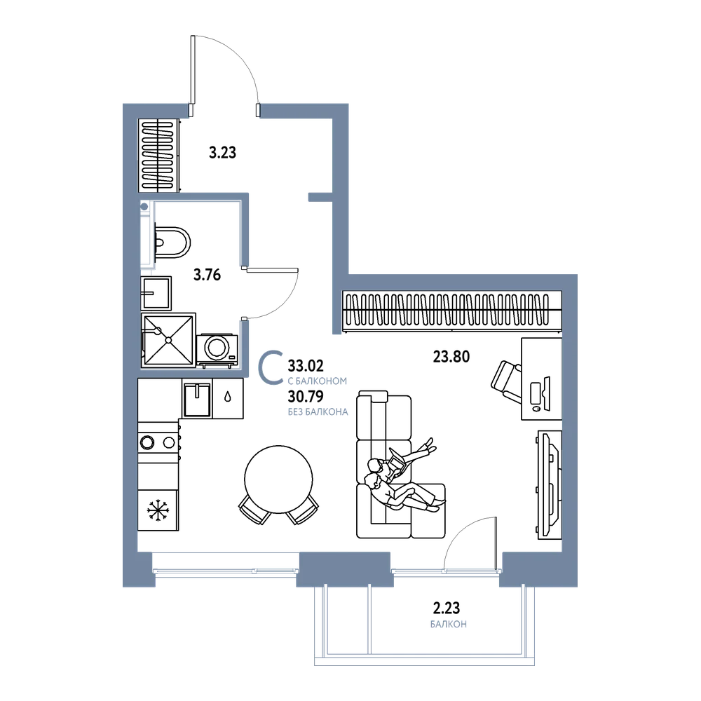 Планировка: Студия 33,02 м²