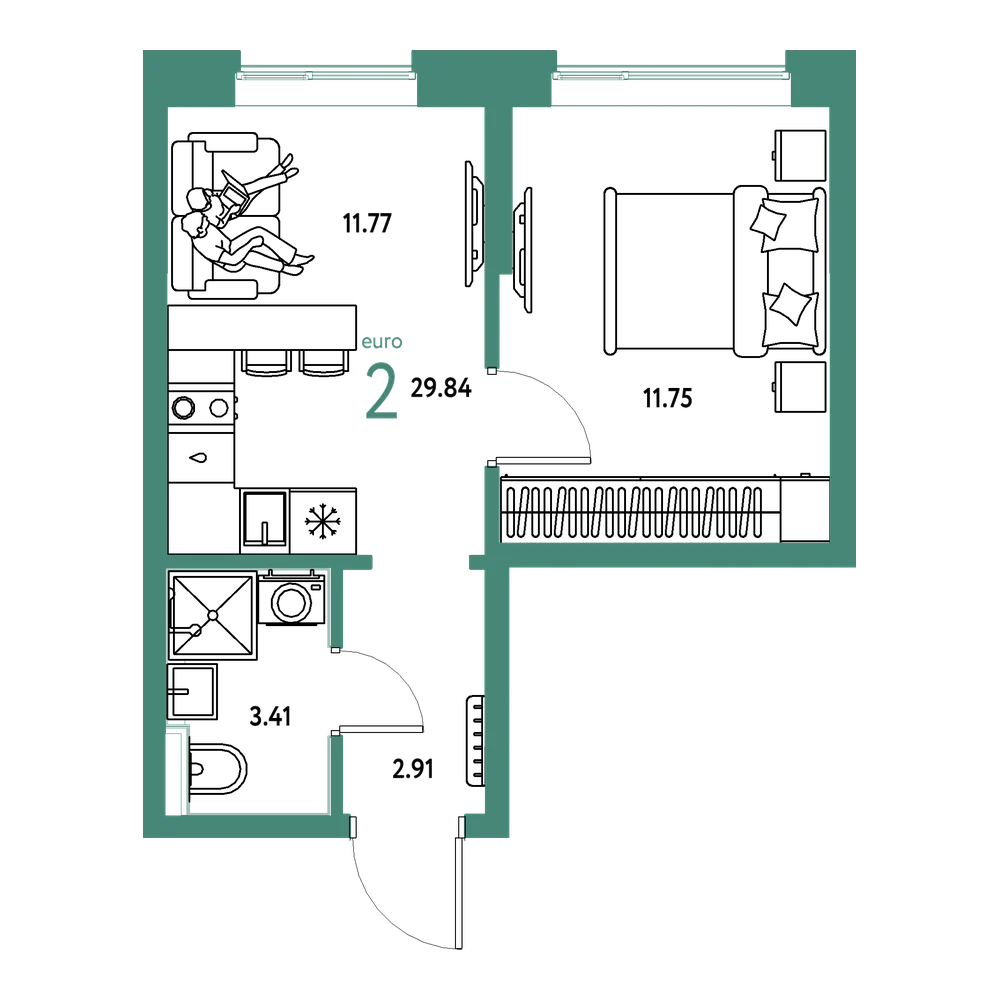 Планировка: Евродвушка 29,84 м²