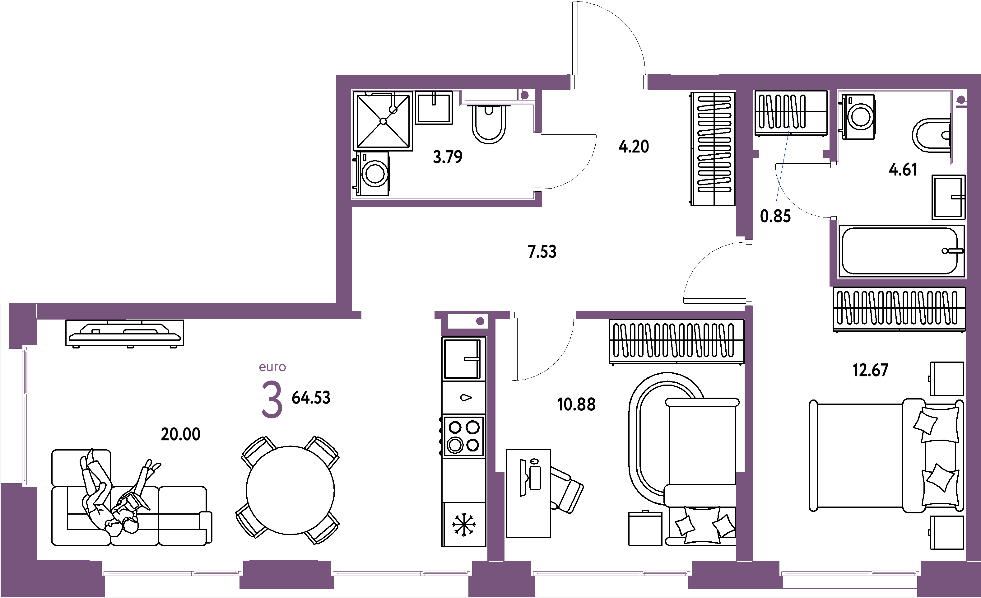 Планировка: Евротрёшка 64,64 м² в ЖК «Домашний»