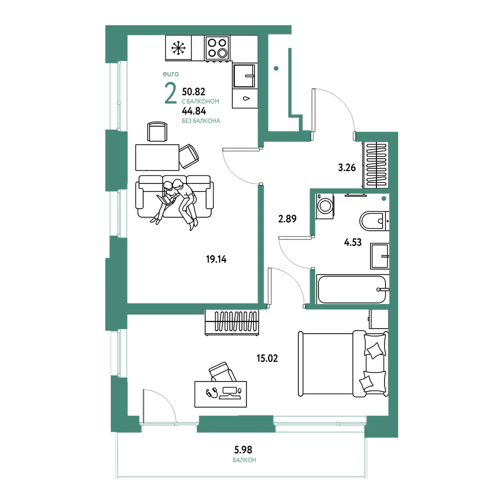 Планировка: Евродвушка 50,82 м²