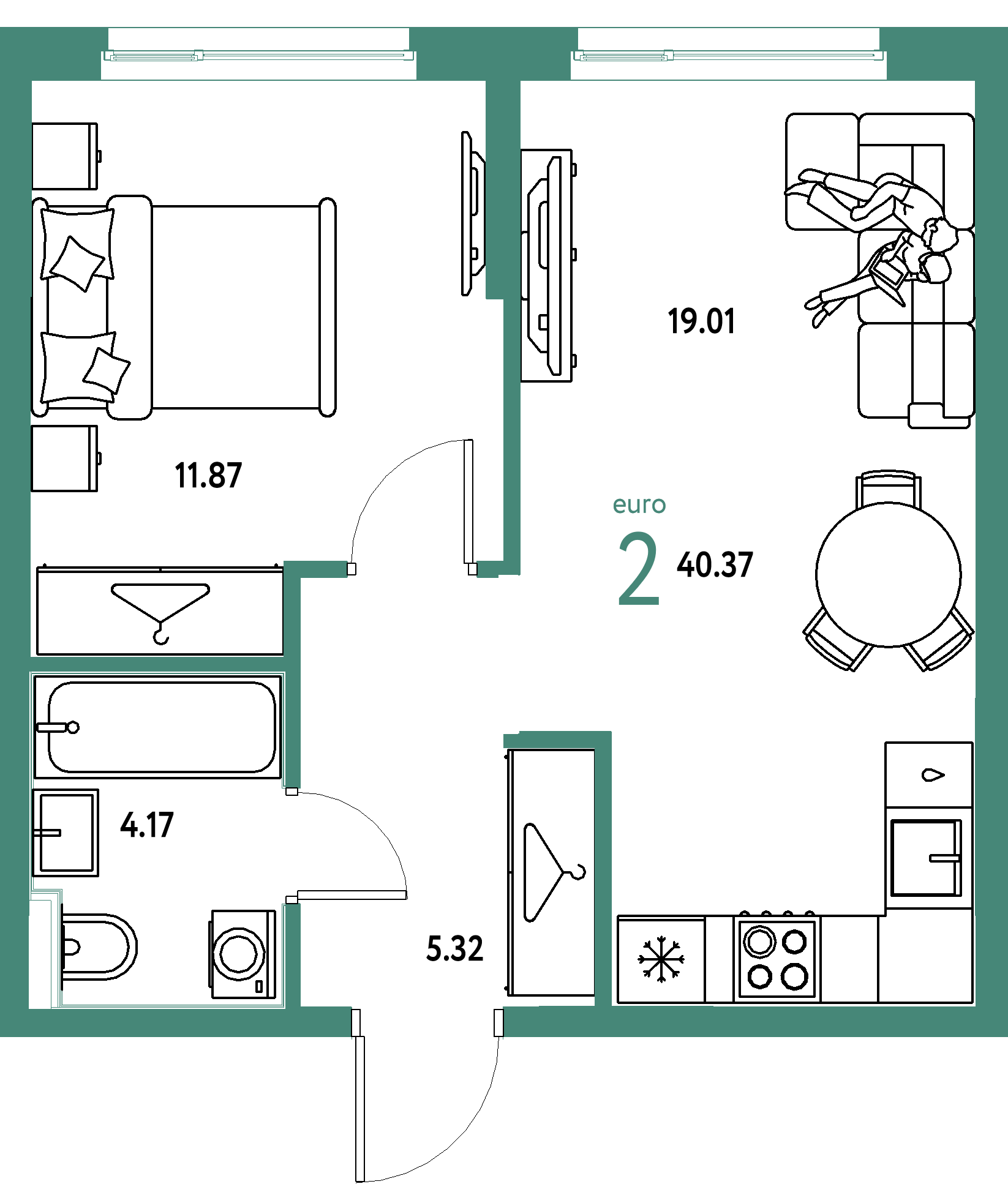 Планировка: Евродвушка 40,37 м² в ЖК «Европейский берег 2.0»