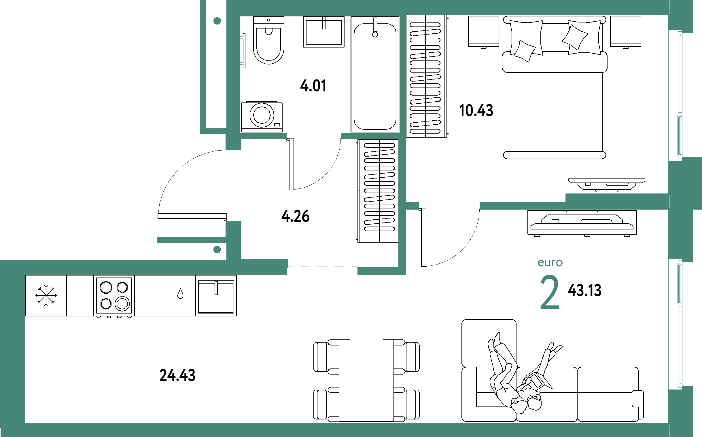 Планировка: Евродвушка 43,13 м² в ЖК «Домашний»