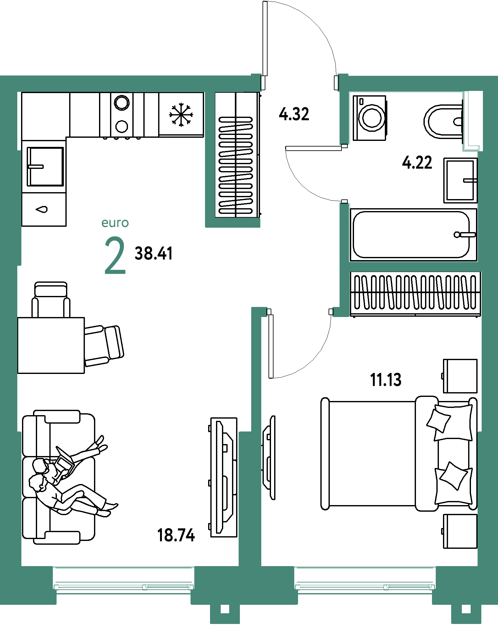 Планировка: Евродвушка 38,4 м² в ЖК «Остров-сад»