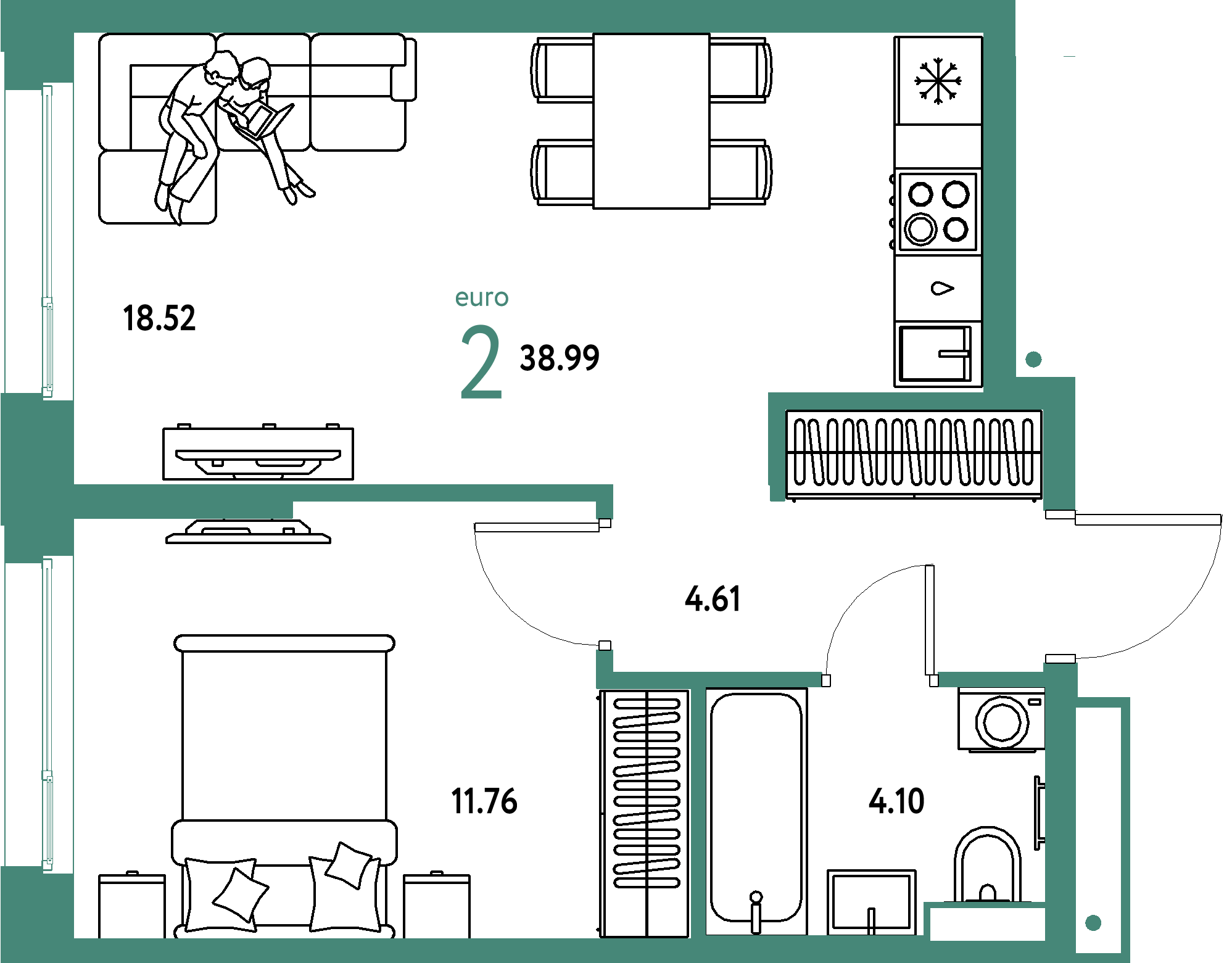 Планировка: Евродвушка 38,99 м² в ЖК «Авторский»