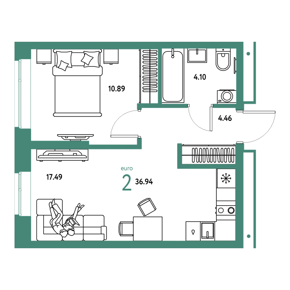 Планировка: Евродвушка 36,94 м²