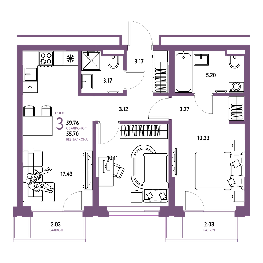 Планировка: Евротрёшка 59,76 м²