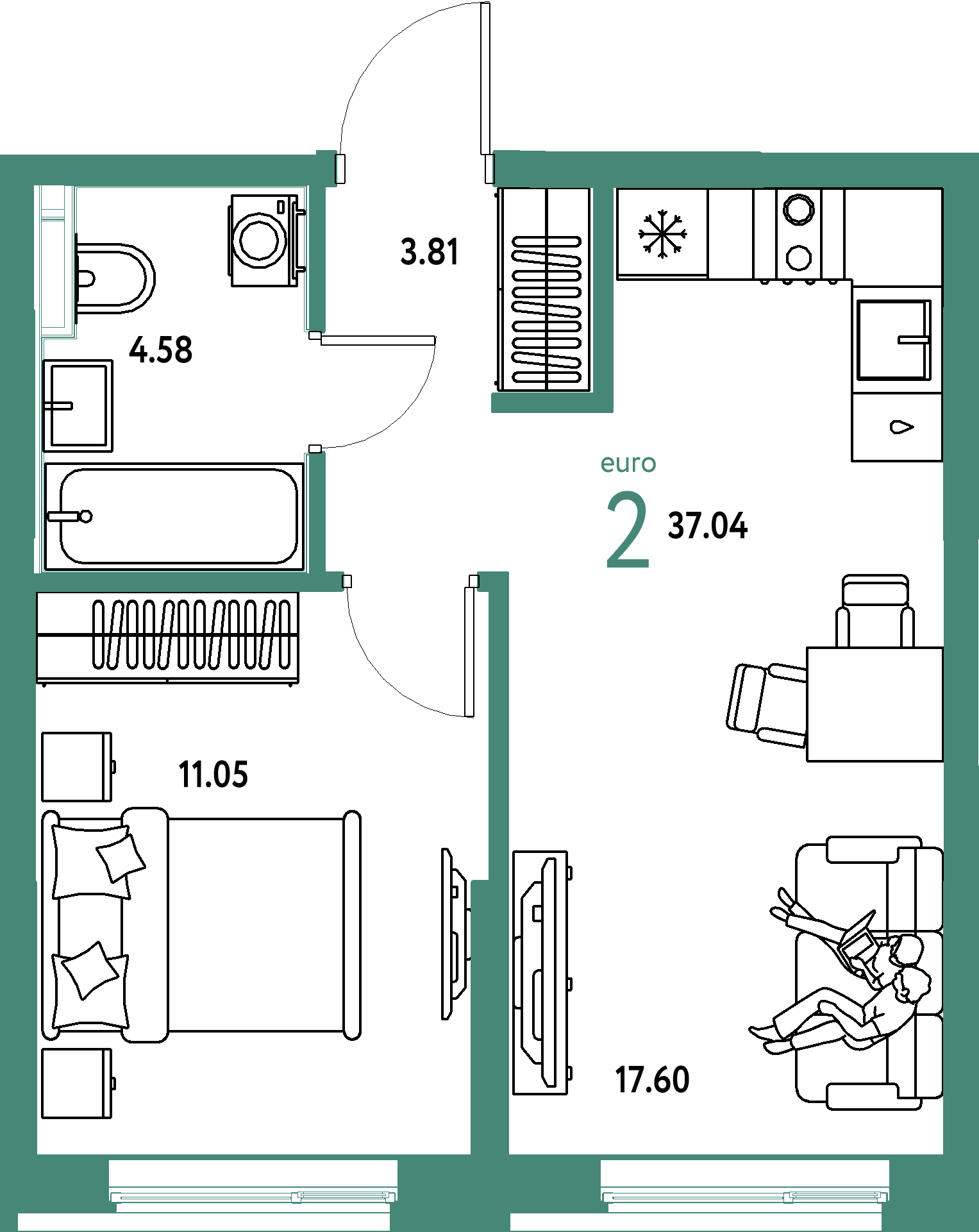Планировка: Евродвушка 37,04 м² в ЖК «Остров-сад»