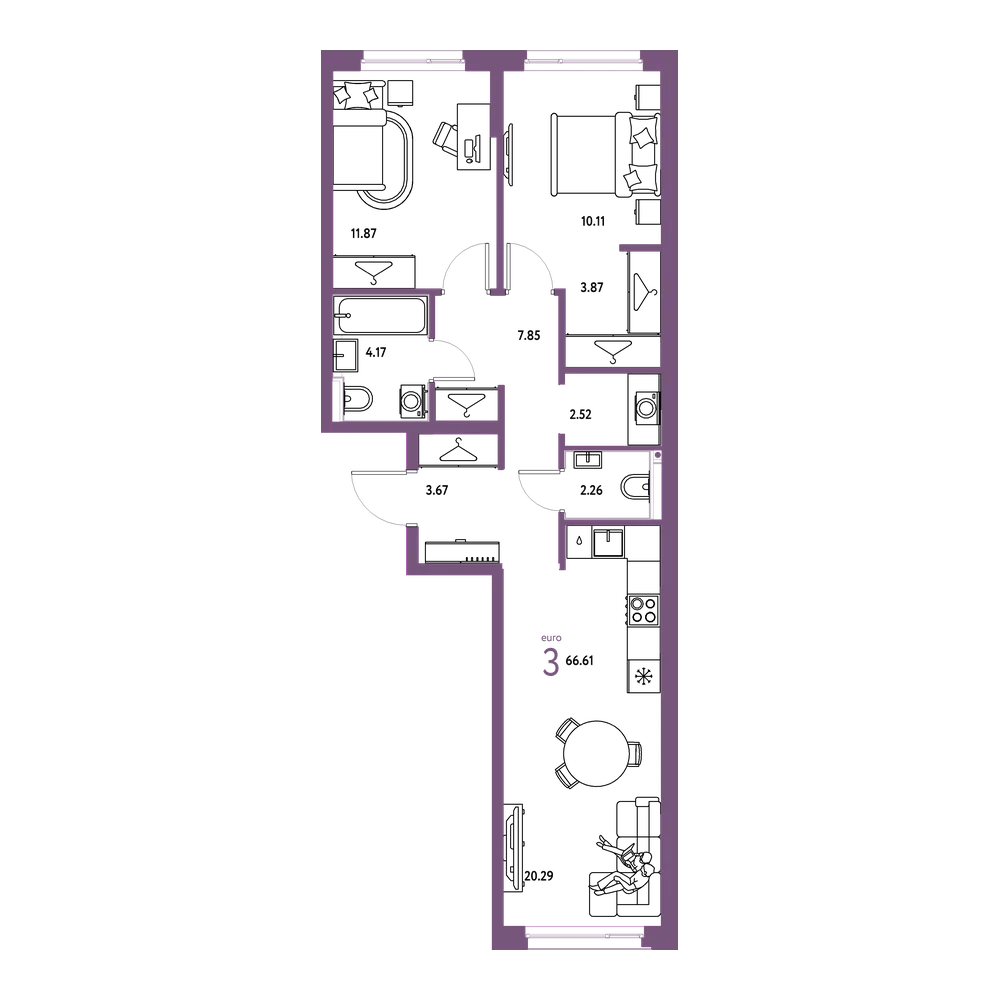 Планировка: Евротрёшка 66,61 м²