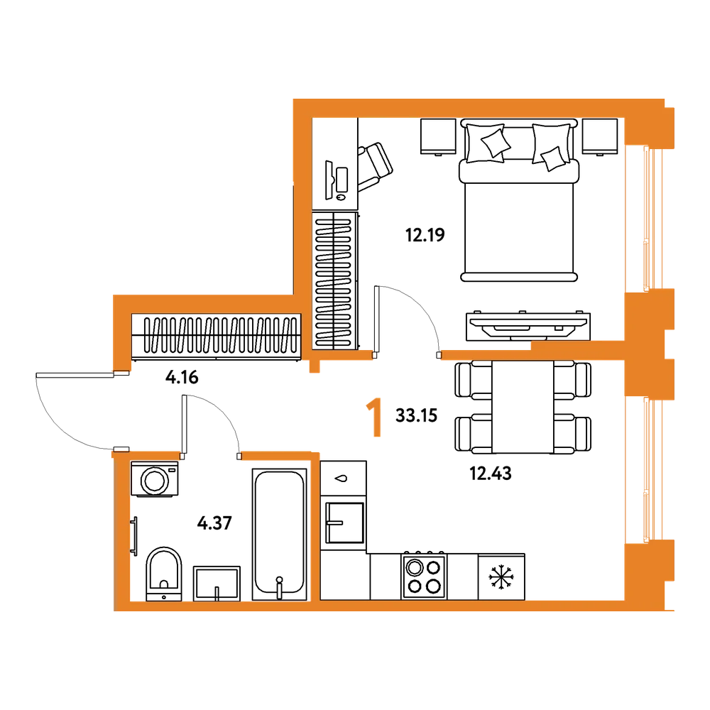 Планировка: 1-комнатная 33,15 м²