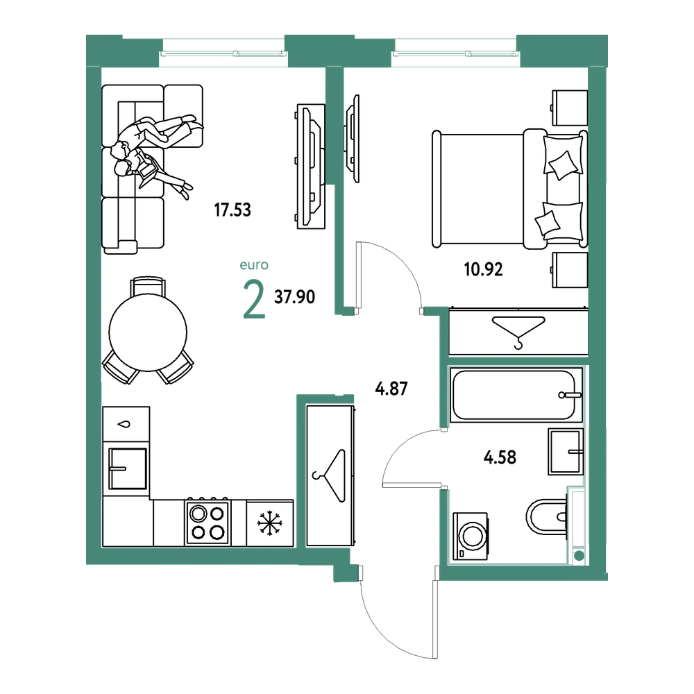 Планировка: Евродвушка 37,9 м²
