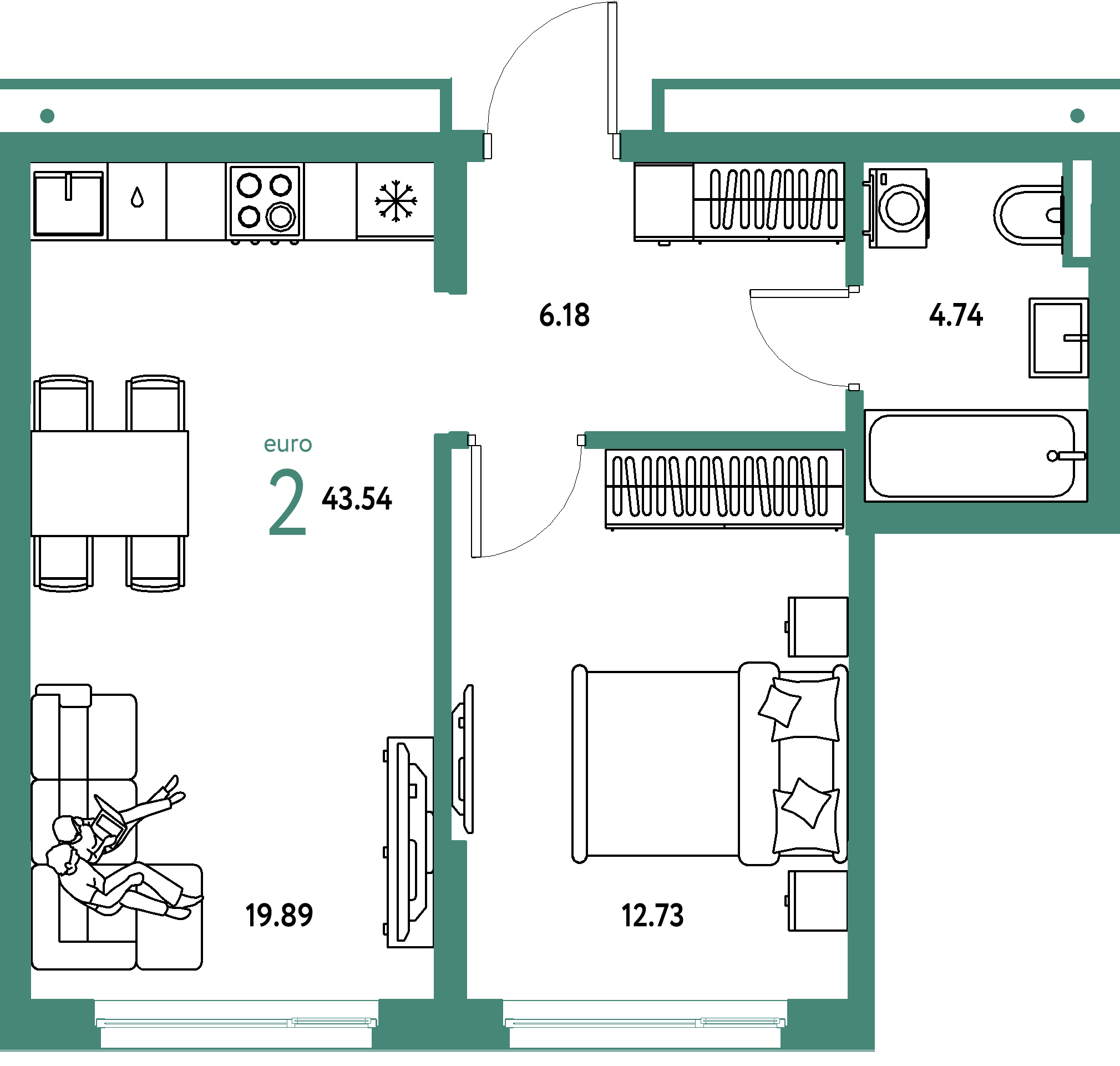 Планировка: Евродвушка 43,54 м² в ЖК «Страна.Прибрежная»