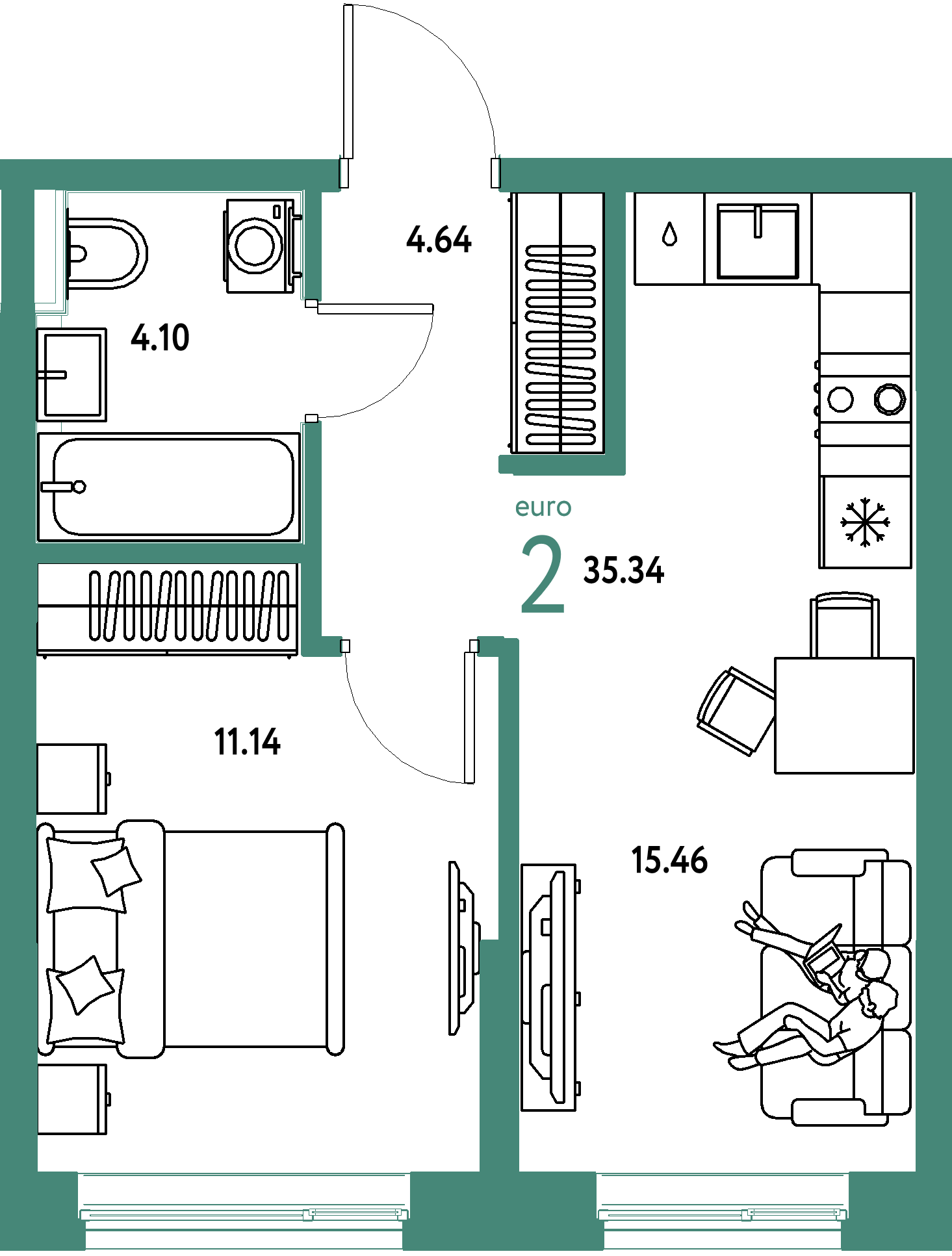 Планировка: Евродвушка 35,41 м² в ЖК «Остров-сад»