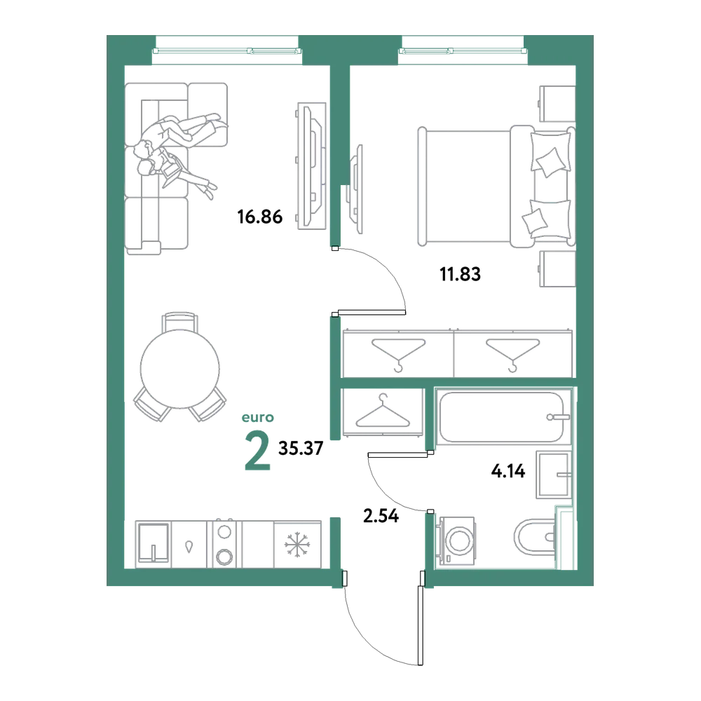 Планировка: Евродвушка 35,37 м²