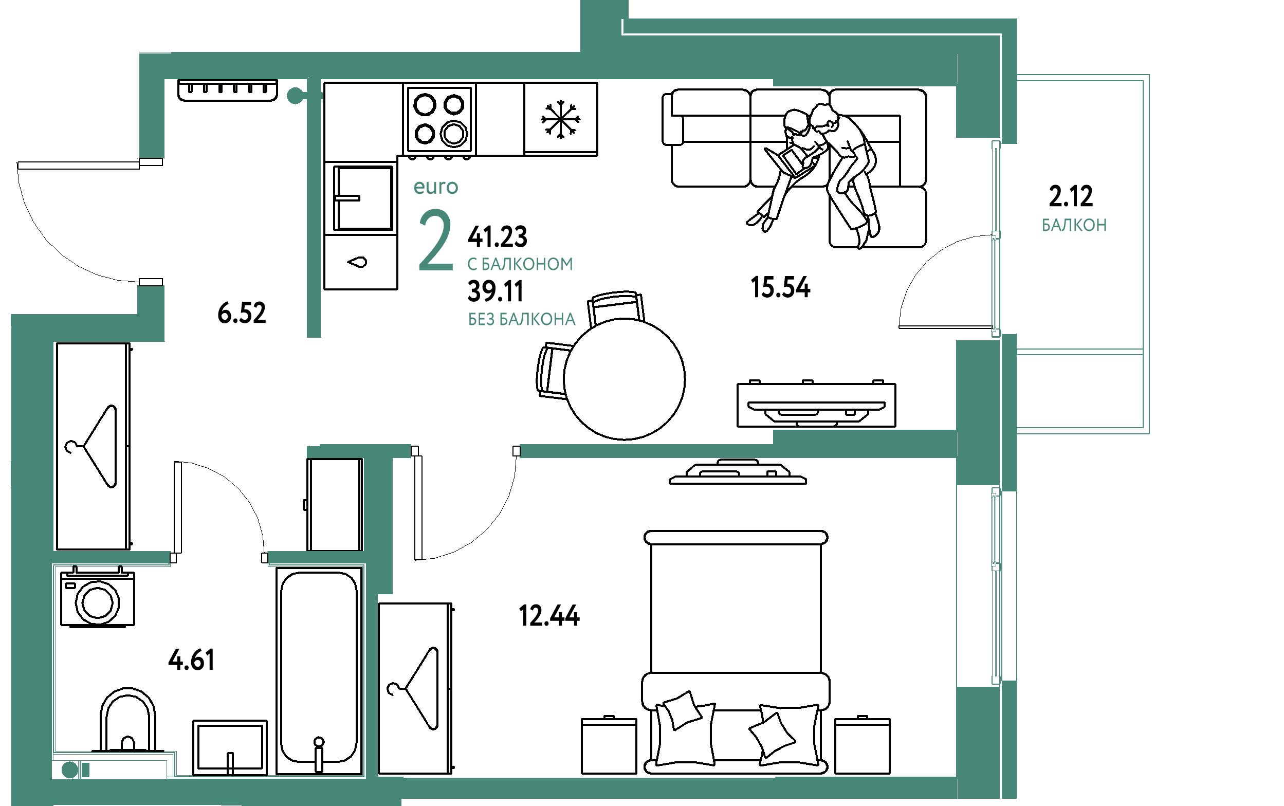 Планировка: Евродвушка 41,23 м² в ЖК «Европейский берег 2.0»