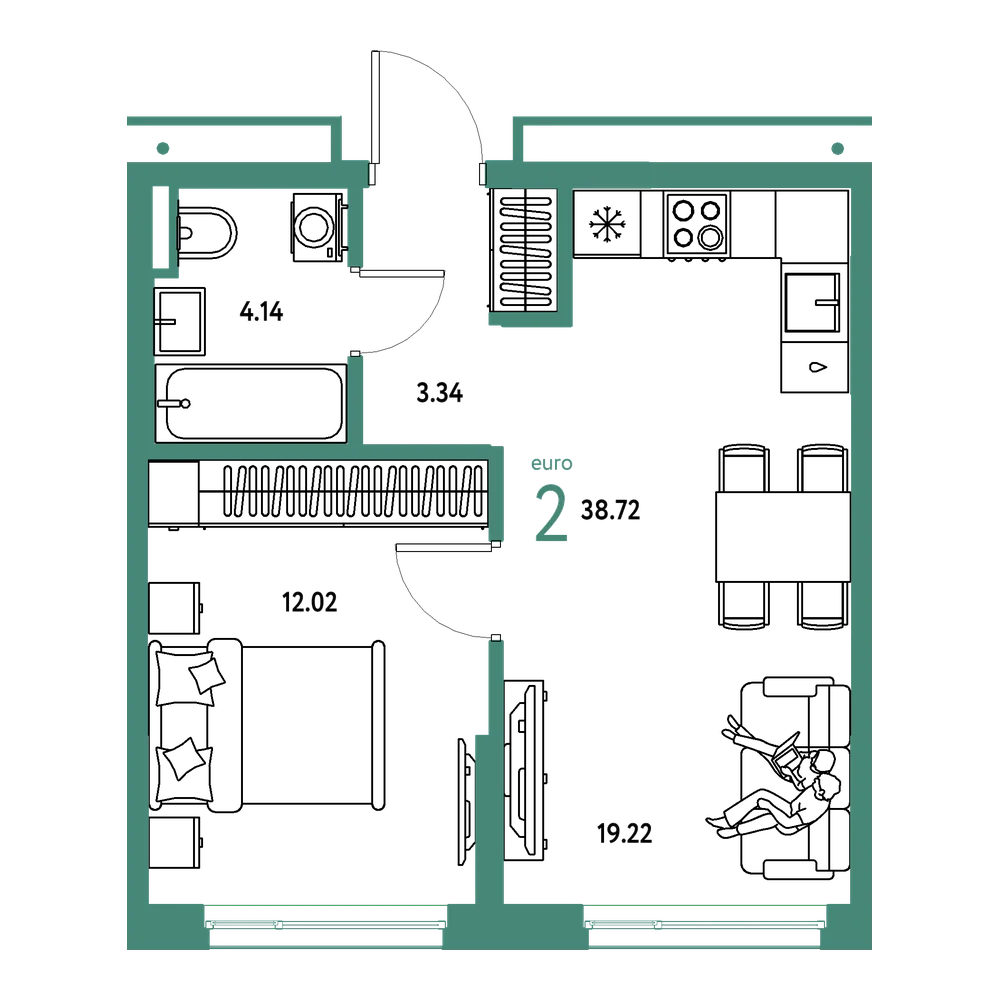 Планировка: Евродвушка 38,72 м²
