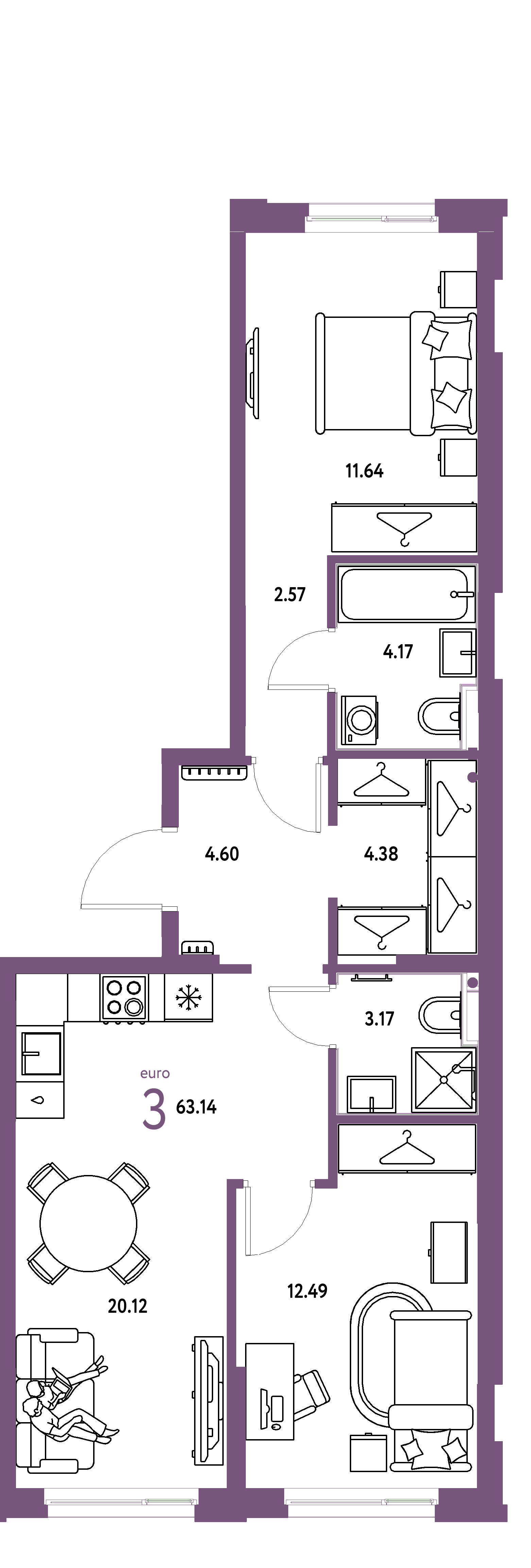 Планировка: Евротрёшка 63,14 м² в ЖК «Европейский берег 2.0»