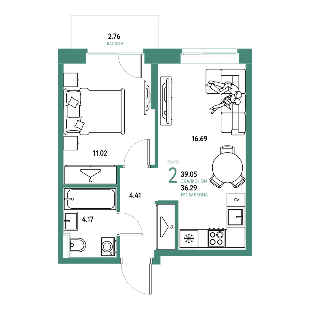 Планировка: Евродвушка 39,05 м²