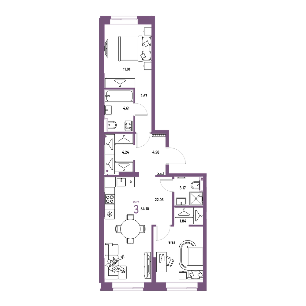 Планировка: Евротрёшка 64,1 м²