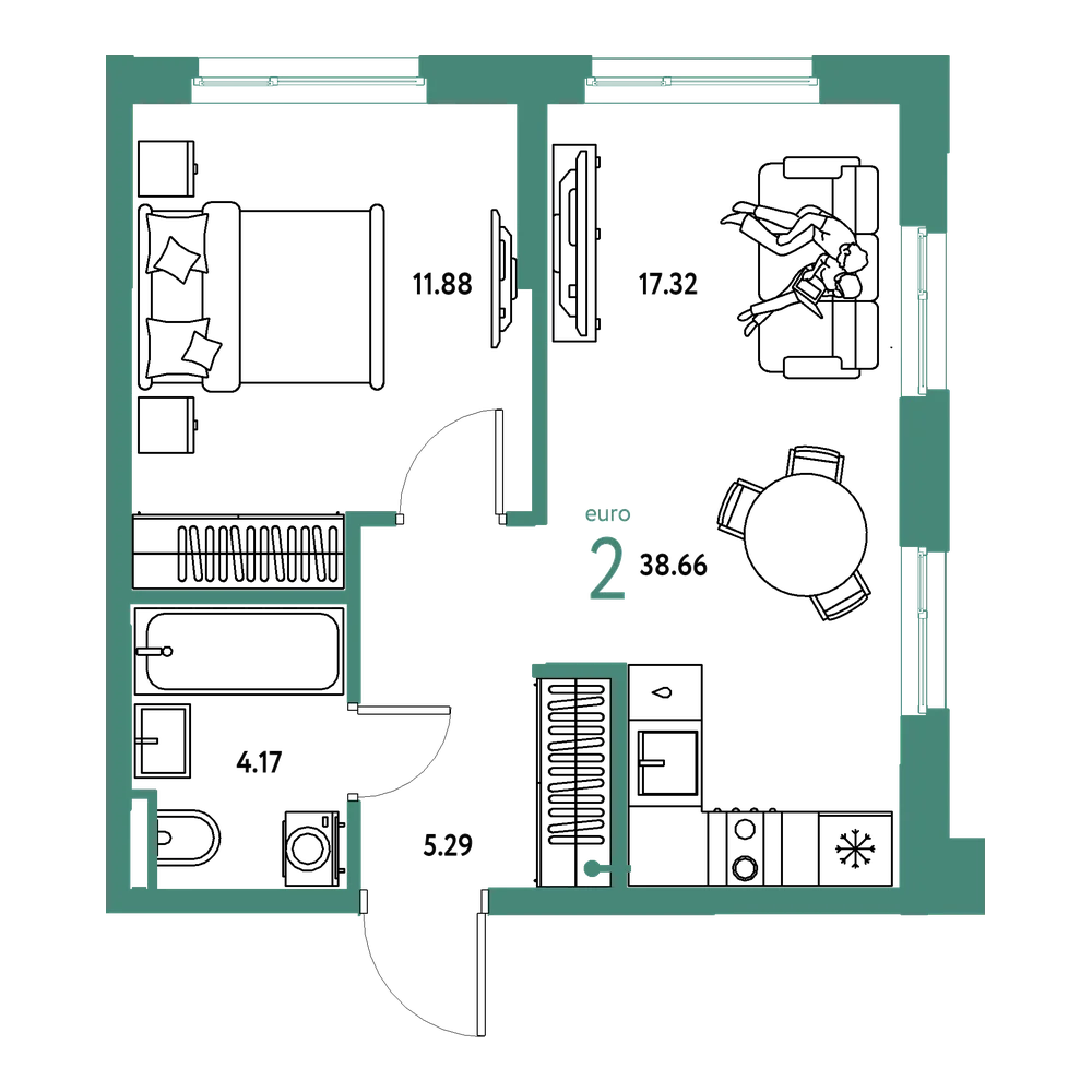 Планировка: Евродвушка 38,66 м²