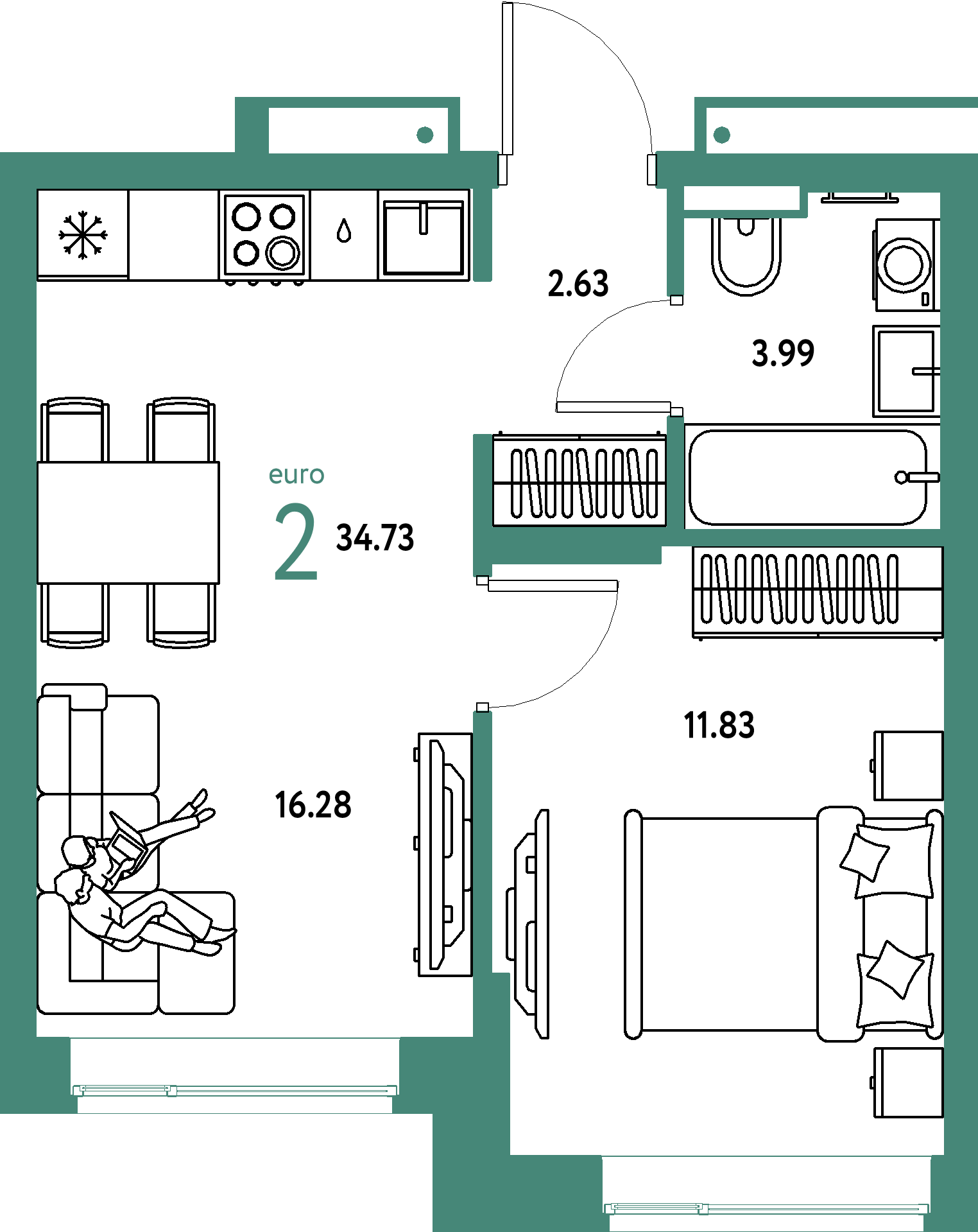 Планировка: Евродвушка 34,73 м² в ЖК «Авторский»