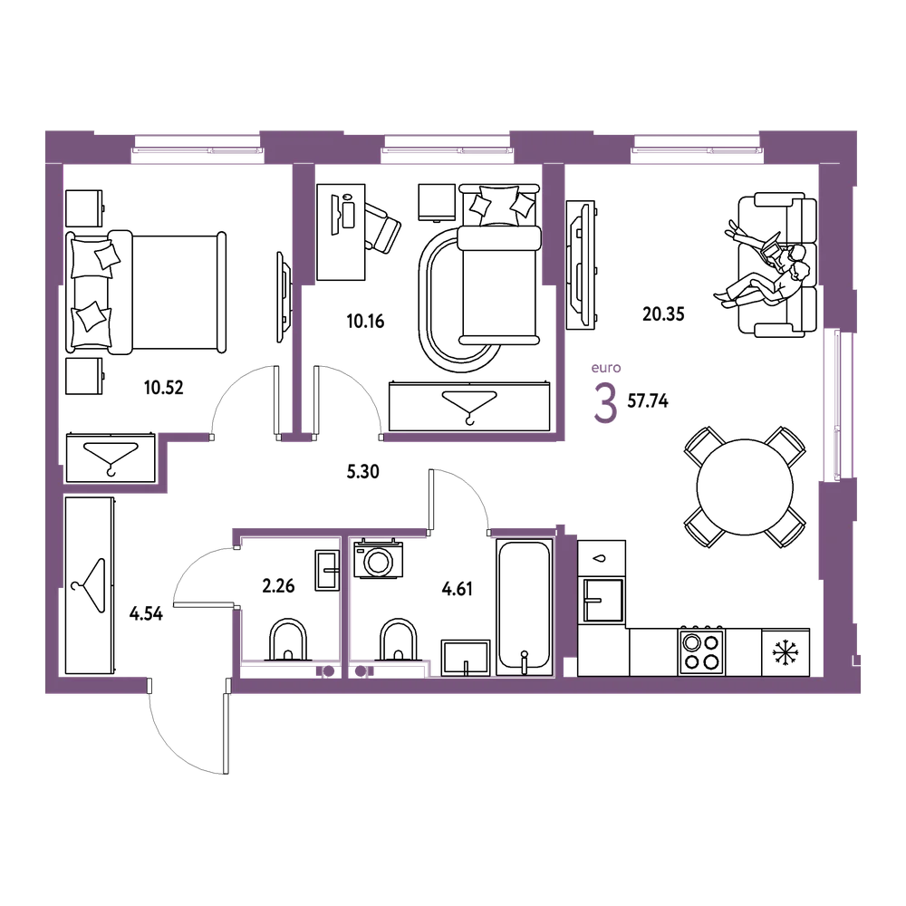 Планировка: Евротрёшка 57,74 м²