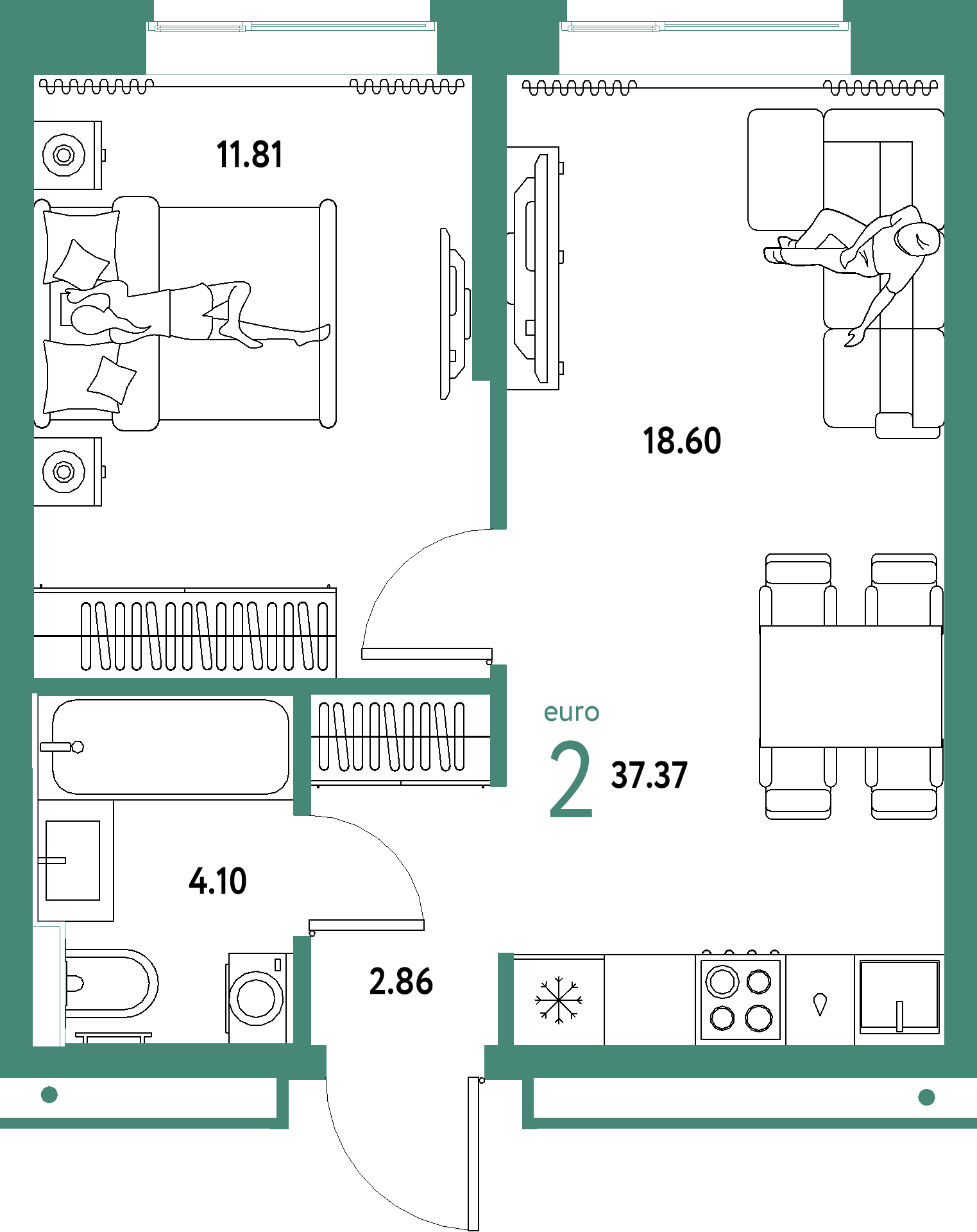Планировка: Евродвушка 37,37 м² в ЖК «Домашний»