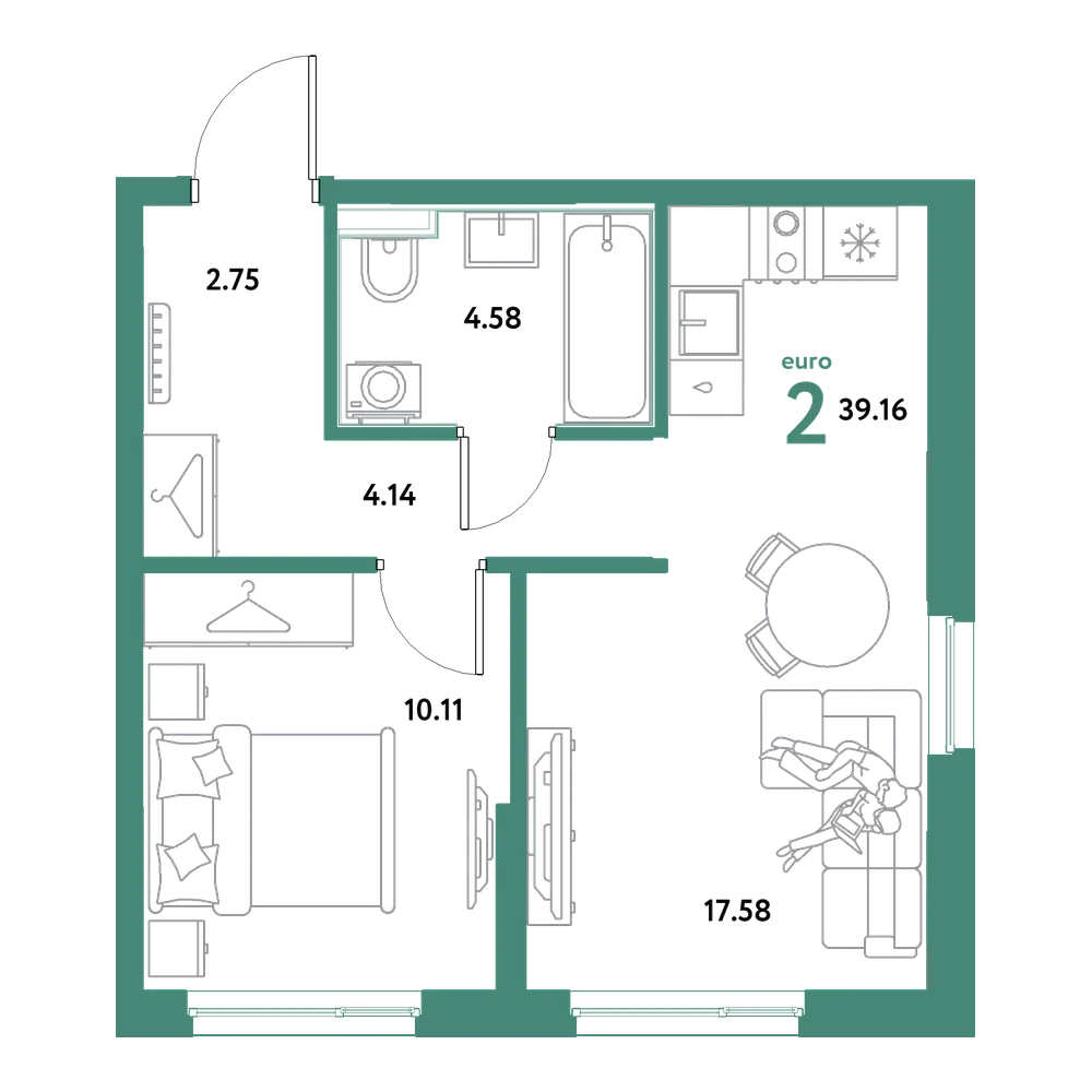 Планировка: Евродвушка 39,16 м²