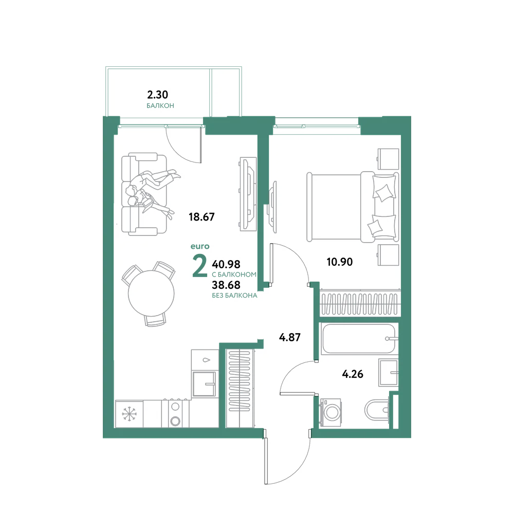 Планировка: Евродвушка 40,98 м²