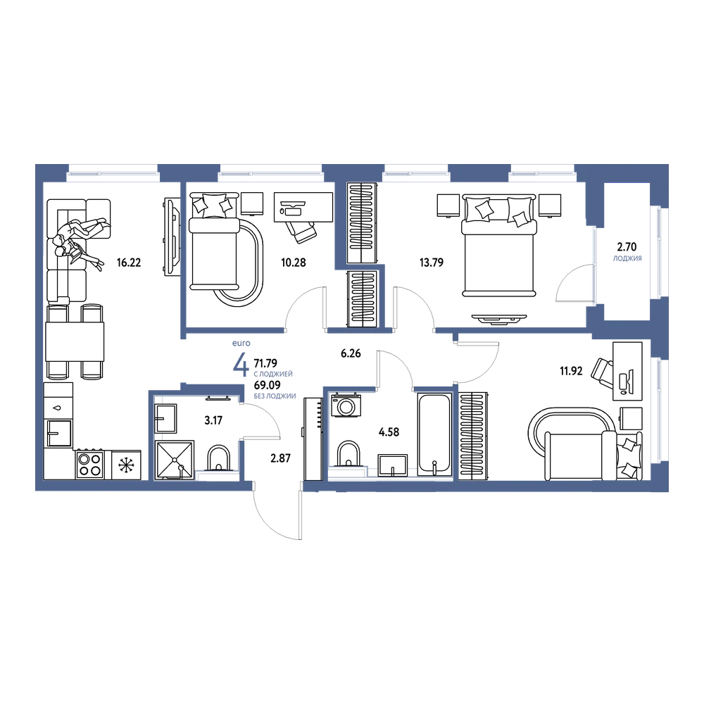 Планировка: Евро-4 71,79 м²
