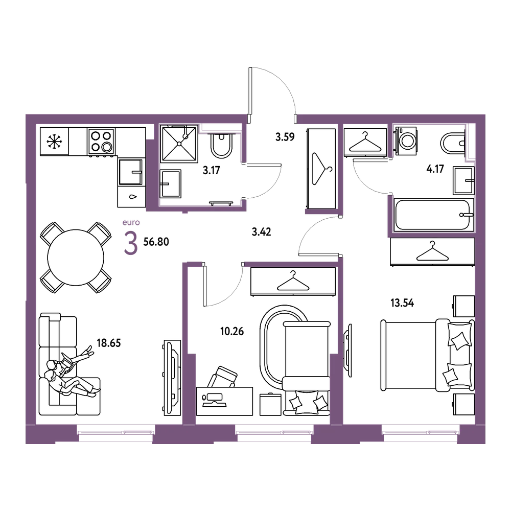 Планировка: Евротрёшка 56,8 м²