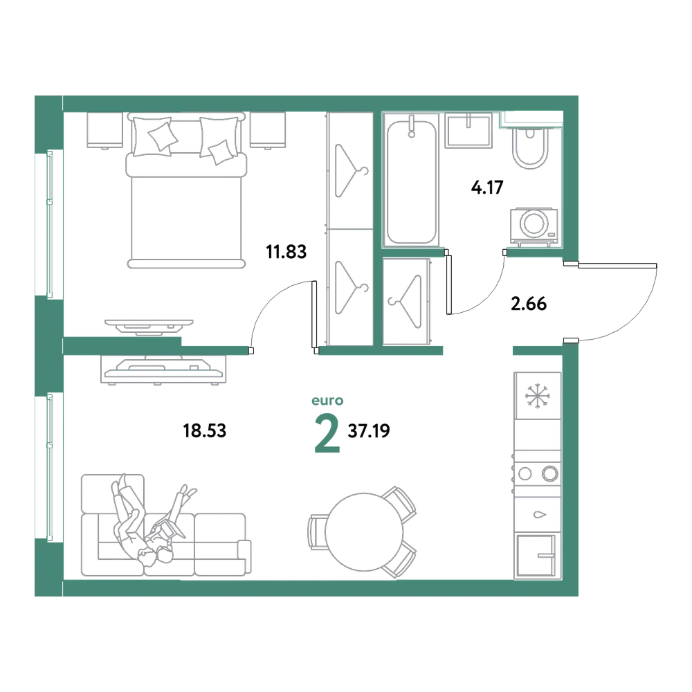 Планировка: Евродвушка 37,19 м²