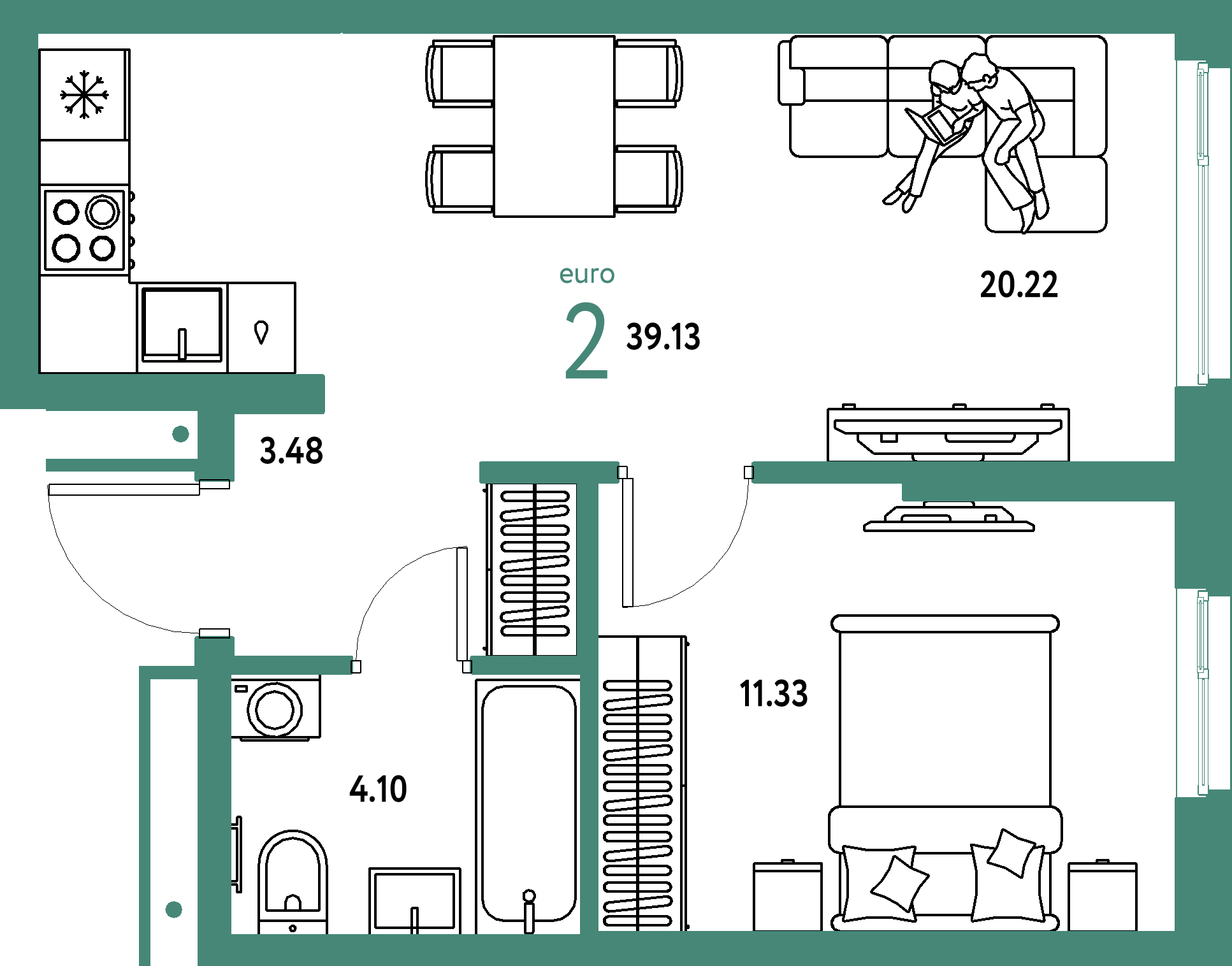 Планировка: Евродвушка 39,13 м² в ЖК «Домашний»
