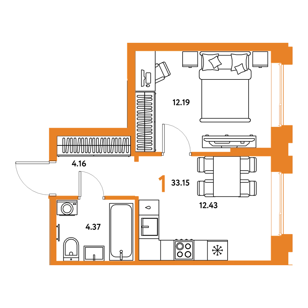 Планировка: 1-комнатная 33,15 м²