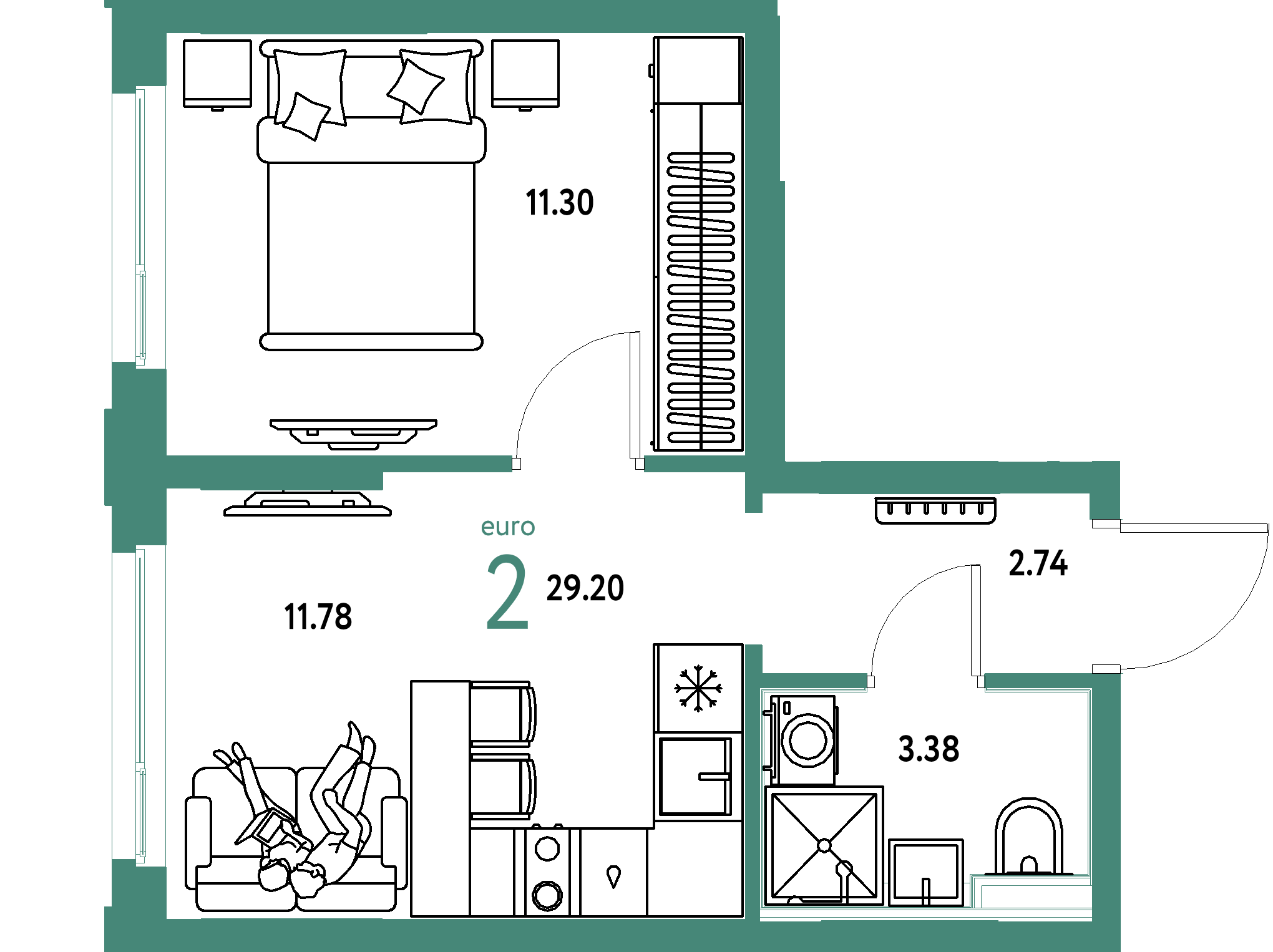 Планировка: 1-комнатная 29,2 м² в ЖК «Сердце Сибири»