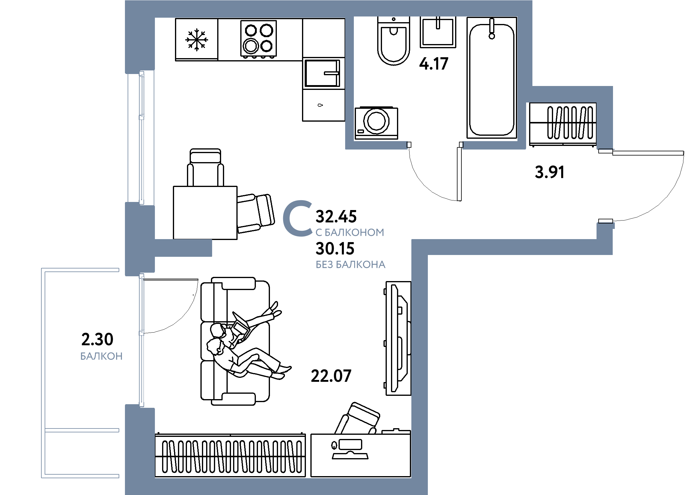 Планировка: Студия 32,45 м² в ЖК «Европейский берег 2.0»