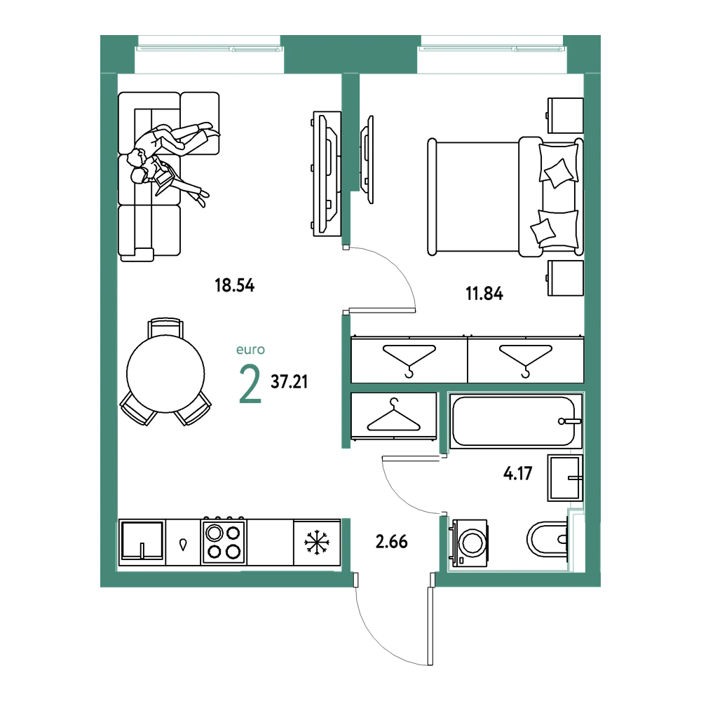 Планировка: Евродвушка 37,21 м²