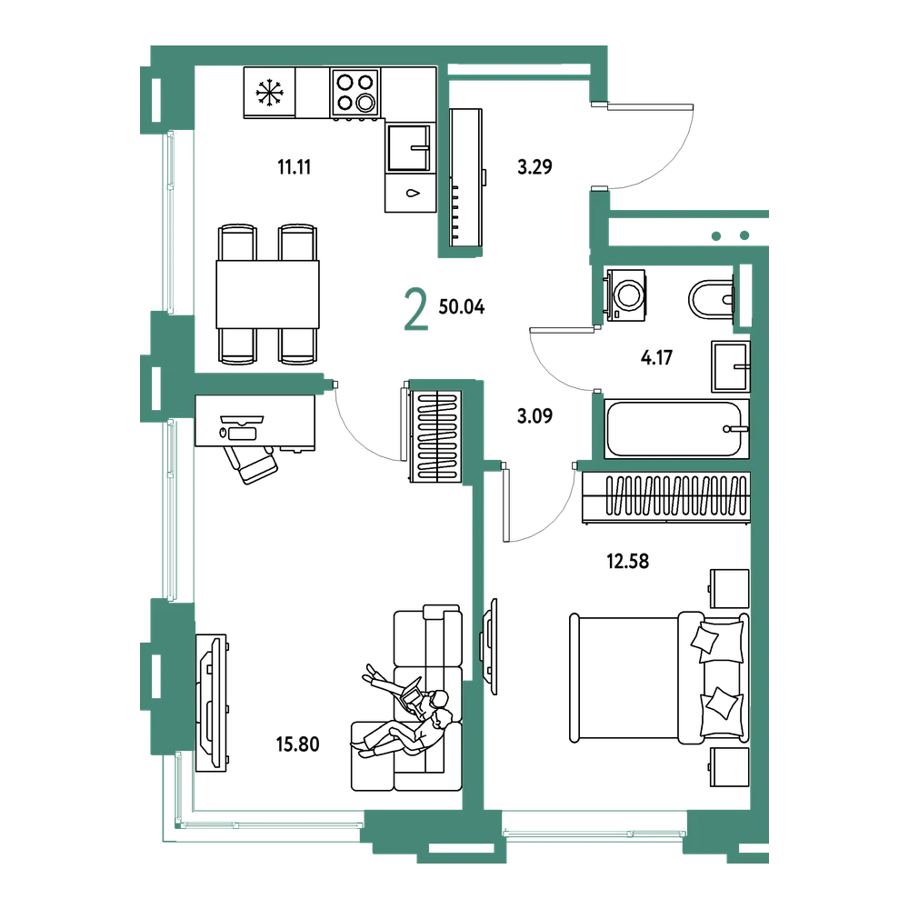 Планировка: 2-комнатная 50,04 м²
