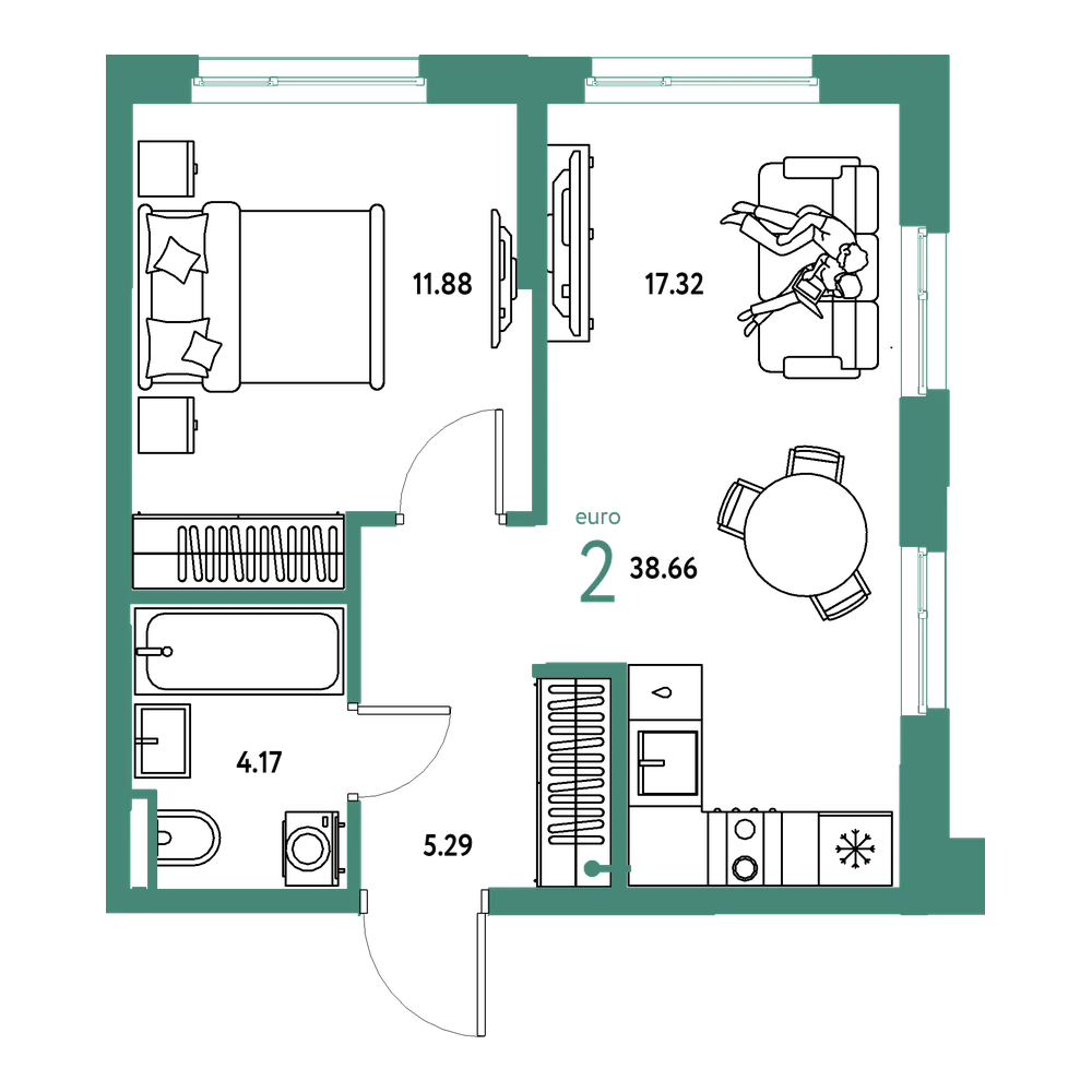 Планировка: Евродвушка 38,66 м²