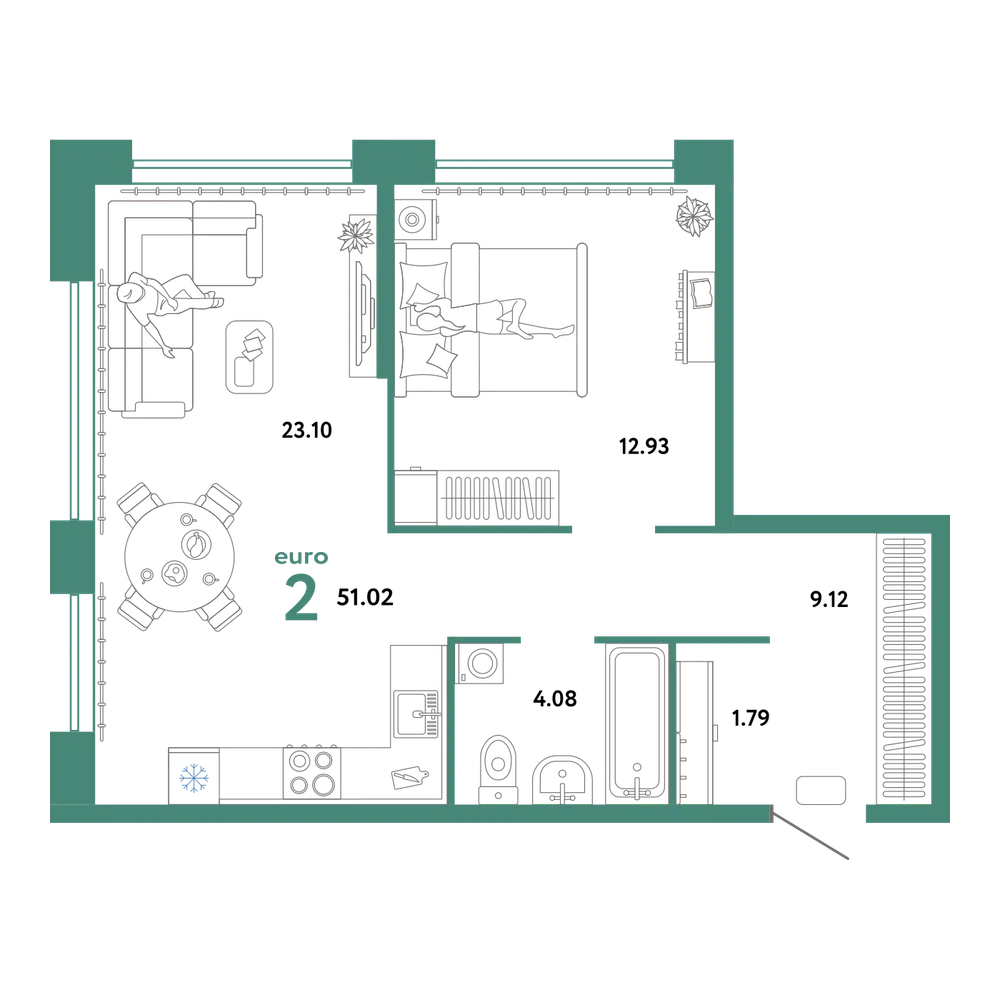 Планировка: Евродвушка 51 м²
