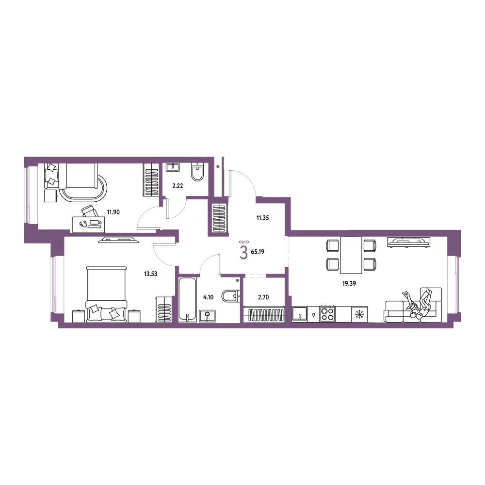 Планировка: Евротрёшка 65,19 м²