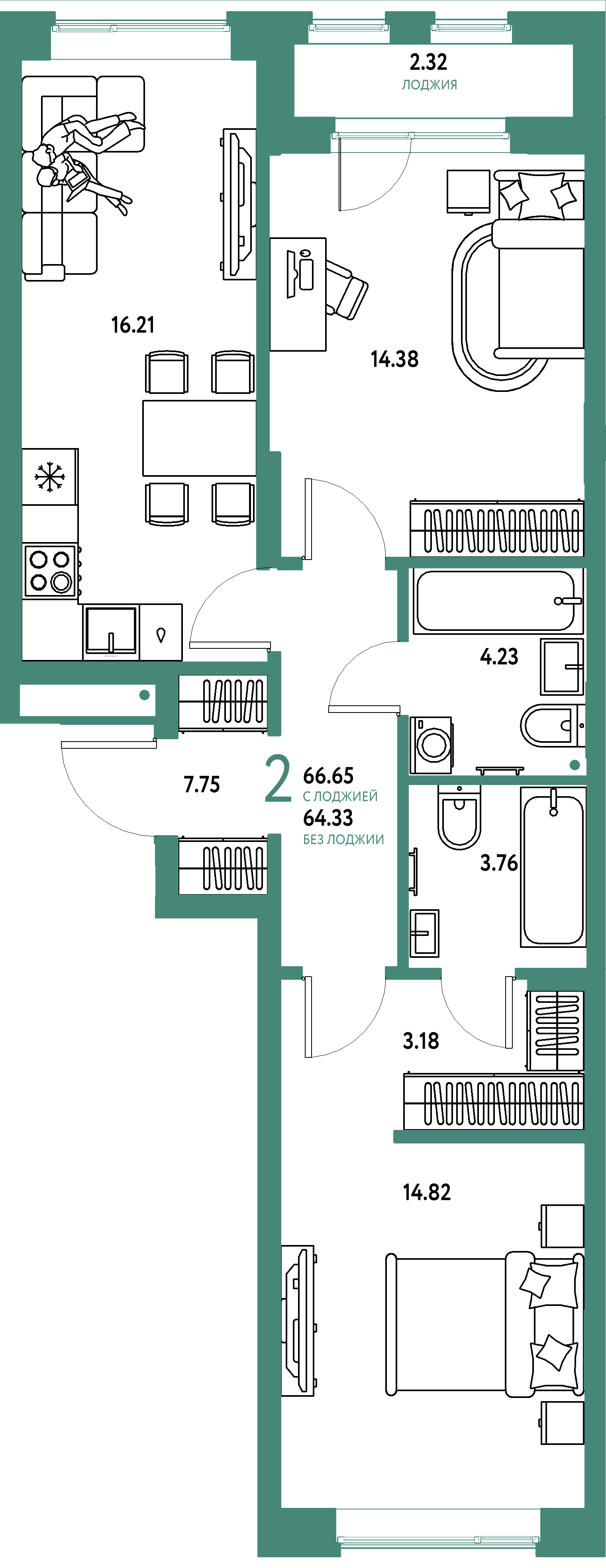 Планировка: 2-комнатная 66,65 м² в ЖК «Домашний»