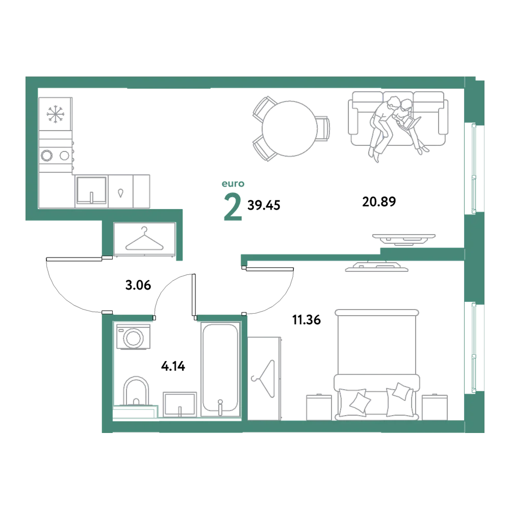Планировка: Евродвушка 39,45 м²