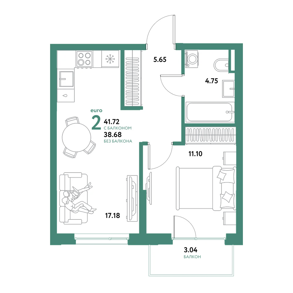 Планировка: Евродвушка 41,72 м²