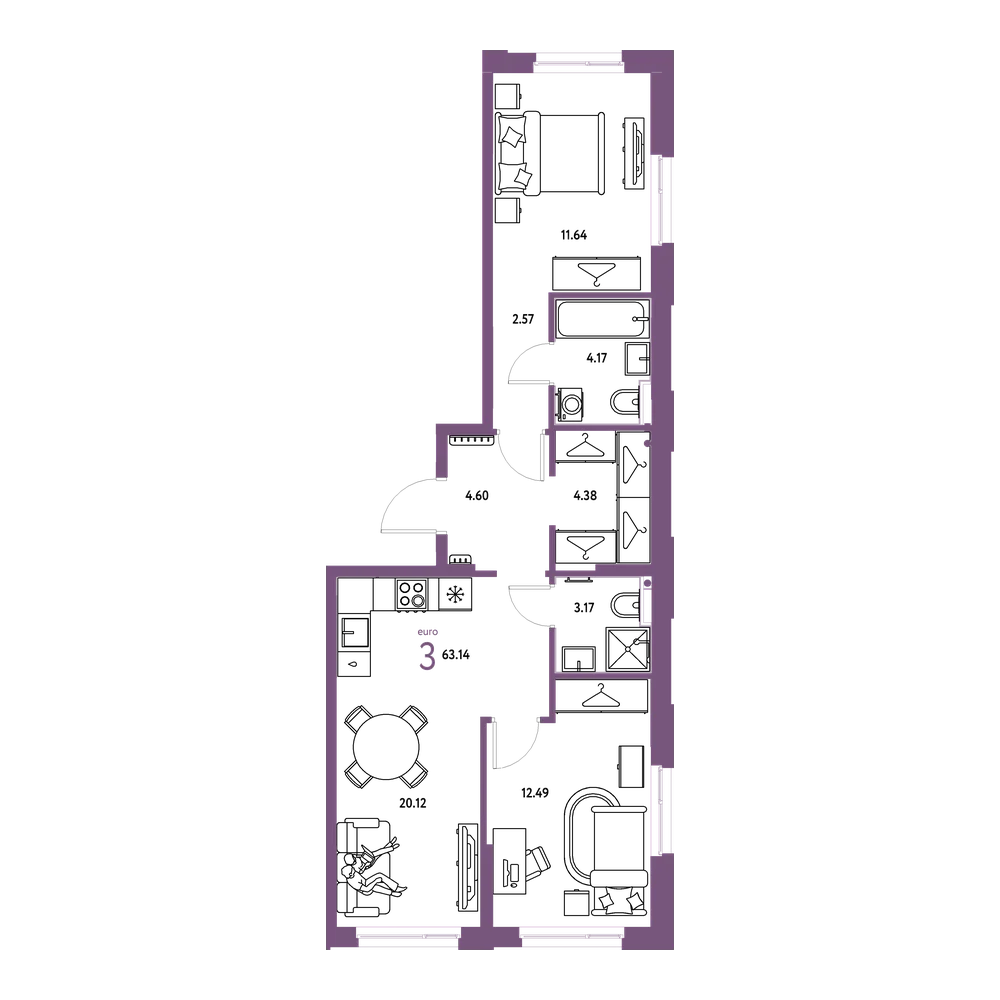 Планировка: Евротрёшка 63,14 м²